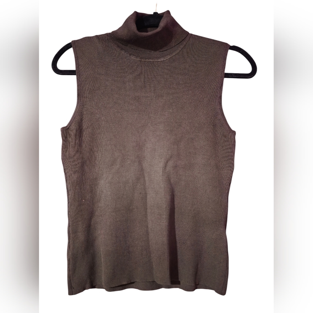 August Silk Brown Ribbed Mock Neck Sleeveless Top Silk Blend Size Large - Picture 2 of 5